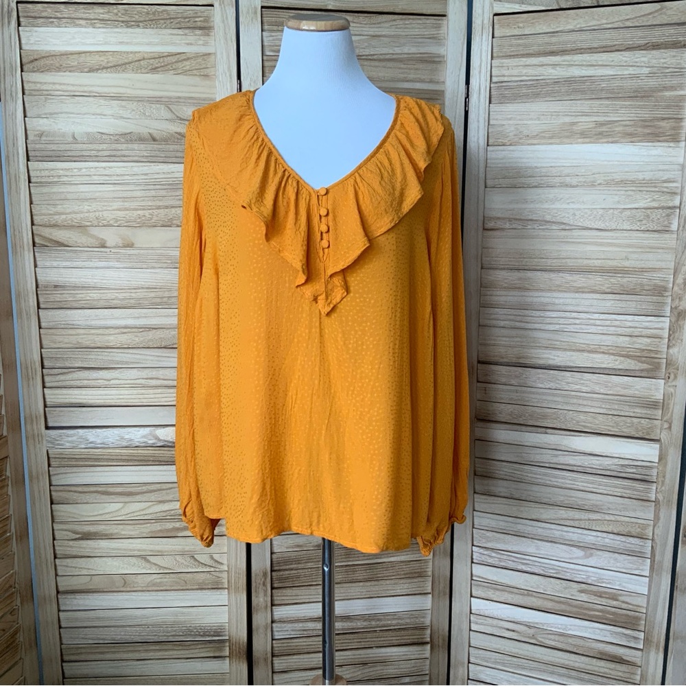 -Ava & Viv Ruffle Collar V-Neck Yellow/Orange Size 1X